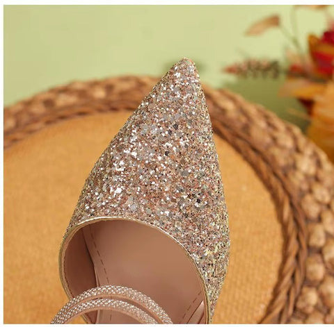New Casual Pointed Toe Shallow Glitt Mules Shoe High Heel CODE: KAR3678