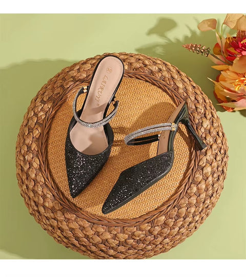New Casual Pointed Toe Shallow Glitt Mules Shoe High Heel CODE: KAR3678