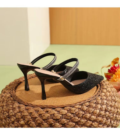 New Casual Pointed Toe Shallow Glitt Mules Shoe High Heel CODE: KAR3678