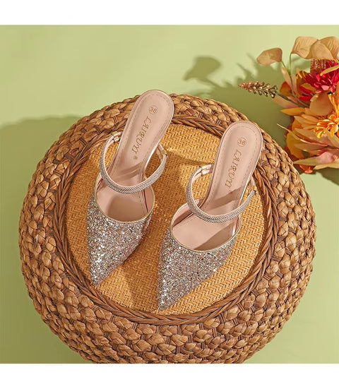 New Casual Pointed Toe Shallow Glitt Mules Shoe High Heel CODE: KAR3678