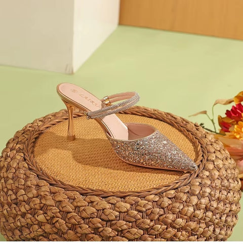 New Casual Pointed Toe Shallow Glitt Mules Shoe High Heel CODE: KAR3678