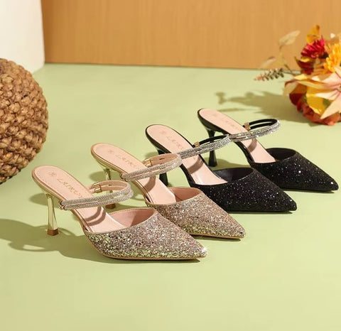 New Casual Pointed Toe Shallow Glitt Mules Shoe High Heel CODE: KAR3678