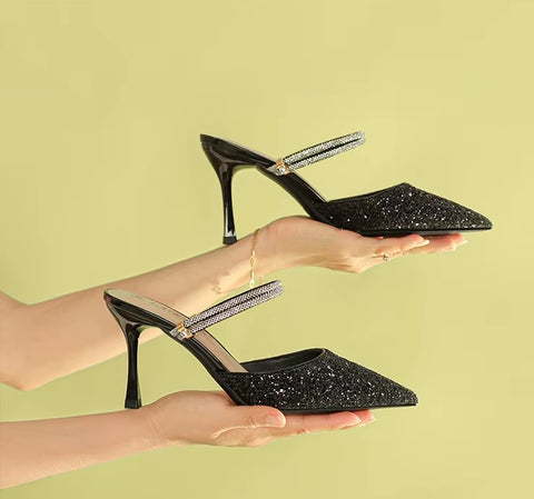 New Casual Pointed Toe Shallow Glitt Mules Shoe High Heel CODE: KAR3678