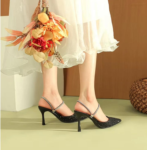 New Casual Pointed Toe Shallow Glitt Mules Shoe High Heel CODE: KAR3678