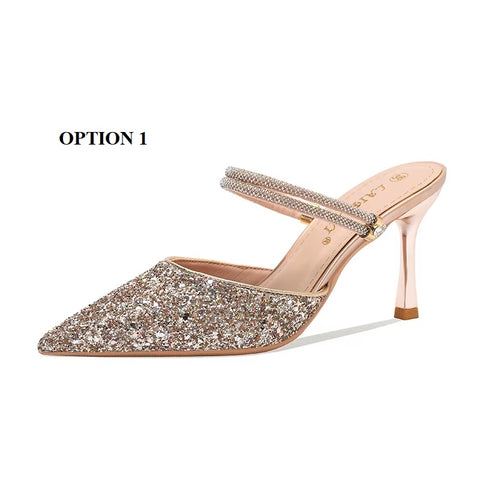 New Casual Pointed Toe Shallow Glitt Mules Shoe High Heel CODE: KAR3678