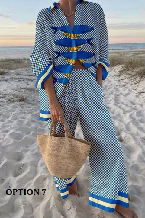 New Vacation Style Cruise Print Seaside Tropical Print Lapel Shirt + Wide-Leg Pant Two-Piece Set CODE: KAR3680