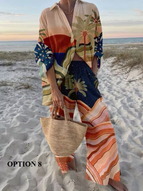 New Vacation Style Cruise Print Seaside Tropical Print Lapel Shirt + Wide-Leg Pant Two-Piece Set CODE: KAR3680