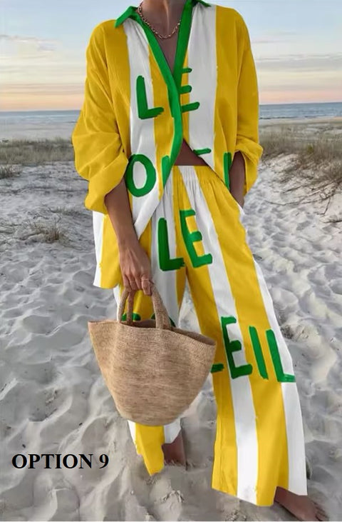 New Vacation Style Cruise Print Seaside Tropical Print Lapel Shirt + Wide-Leg Pant Two-Piece Set CODE: KAR3680