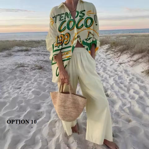 New Vacation Style Cruise Print Seaside Tropical Print Lapel Shirt + Wide-Leg Pant Two-Piece Set CODE: KAR3680