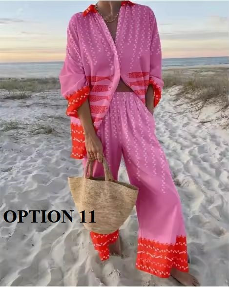 New Vacation Style Cruise Print Seaside Tropical Print Lapel Shirt + Wide-Leg Pant Two-Piece Set CODE: KAR3680