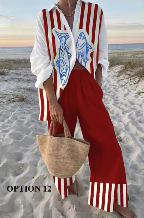 New Vacation Style Cruise Print Seaside Tropical Print Lapel Shirt + Wide-Leg Pant Two-Piece Set CODE: KAR3680