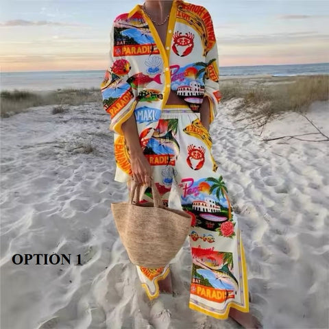 New Vacation Style Cruise Print Seaside Tropical Print Lapel Shirt + Wide-Leg Pant Two-Piece Set CODE: KAR3680