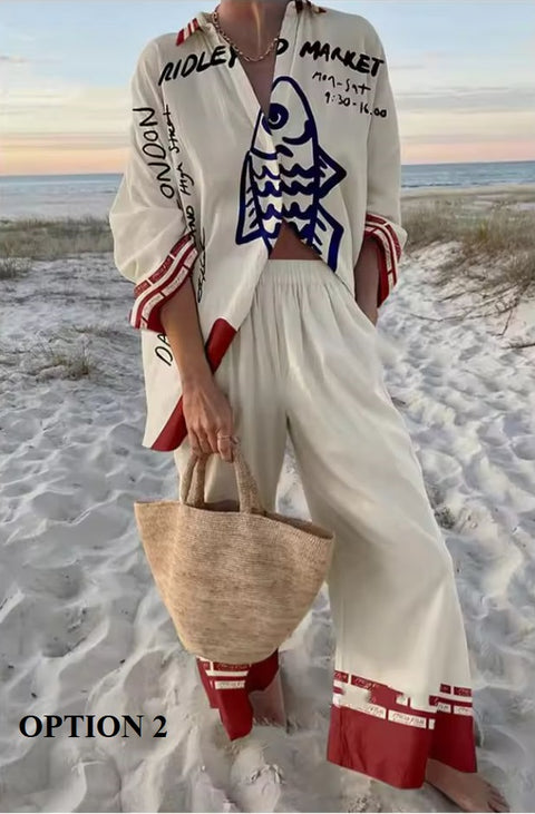 New Vacation Style Cruise Print Seaside Tropical Print Lapel Shirt + Wide-Leg Pant Two-Piece Set CODE: KAR3680