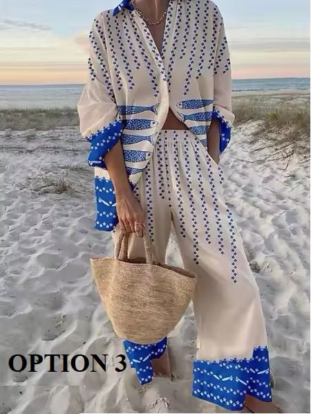 New Vacation Style Cruise Print Seaside Tropical Print Lapel Shirt + Wide-Leg Pant Two-Piece Set CODE: KAR3680