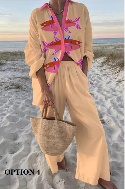 New Vacation Style Cruise Print Seaside Tropical Print Lapel Shirt + Wide-Leg Pant Two-Piece Set CODE: KAR3680