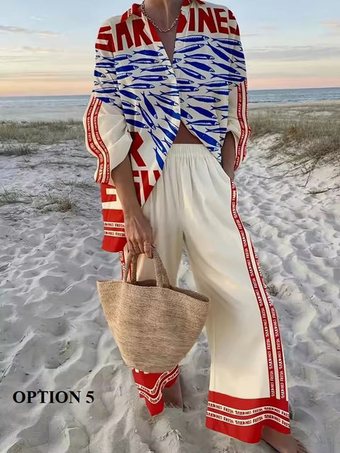 New Vacation Style Cruise Print Seaside Tropical Print Lapel Shirt + Wide-Leg Pant Two-Piece Set CODE: KAR3680