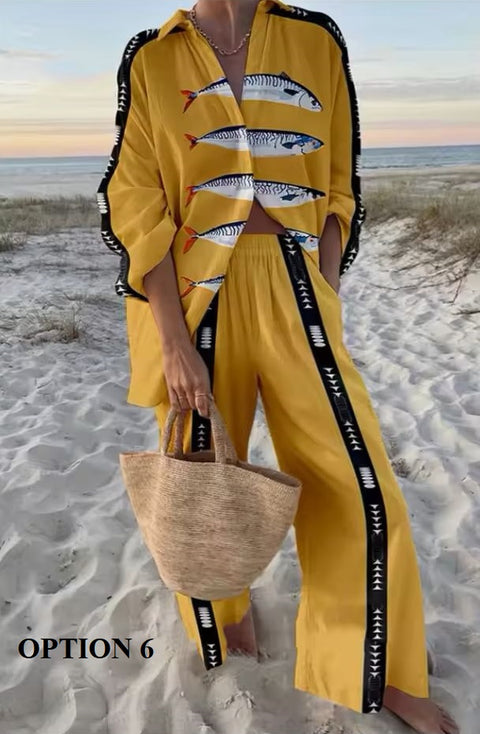 New Vacation Style Cruise Print Seaside Tropical Print Lapel Shirt + Wide-Leg Pant Two-Piece Set CODE: KAR3680