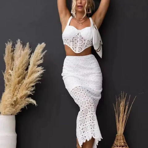 Summer Holiday Vacation Style Hollow out Top Fashion Breathable Half-length Skirt Set CODE: KAR3683
