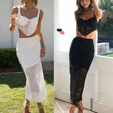 Summer Holiday Vacation Style Hollow out Top Fashion Breathable Half-length Skirt Set CODE: KAR3683