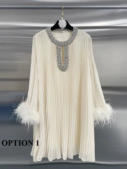 New Solid Spliced Diamonds O Neck Hollow Out Long Sleeve Patchwork Feather Luxury Chic Mini Dress CODE: KAR3685