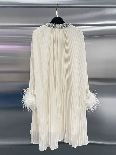 New Solid Spliced Diamonds O Neck Hollow Out Long Sleeve Patchwork Feather Luxury Chic Mini Dress CODE: KAR3685