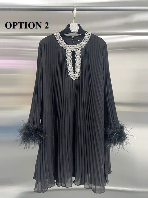 New Solid Spliced Diamonds O Neck Hollow Out Long Sleeve Patchwork Feather Luxury Chic Mini Dress CODE: KAR3685