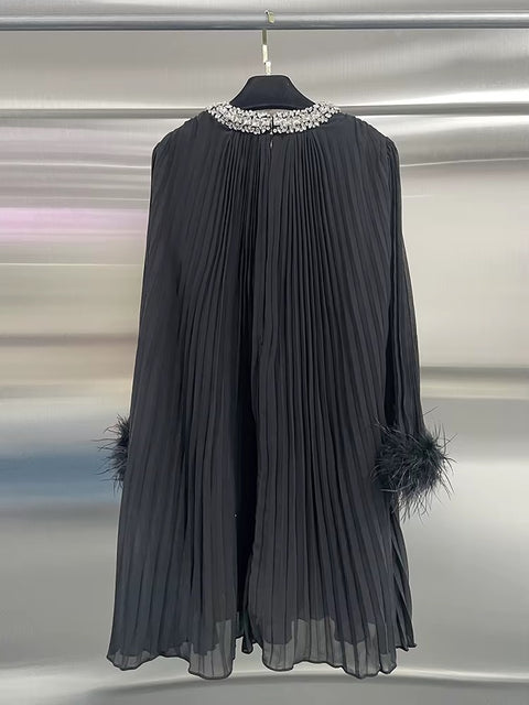 New Solid Spliced Diamonds O Neck Hollow Out Long Sleeve Patchwork Feather Luxury Chic Mini Dress CODE: KAR3685