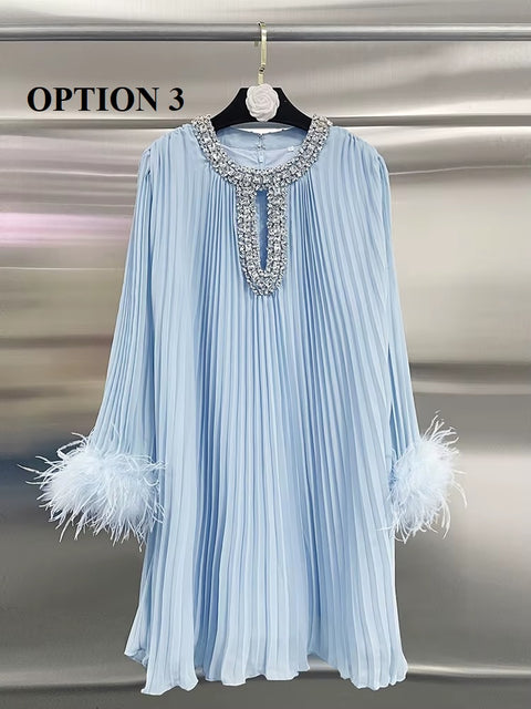 New Solid Spliced Diamonds O Neck Hollow Out Long Sleeve Patchwork Feather Luxury Chic Mini Dress CODE: KAR3685