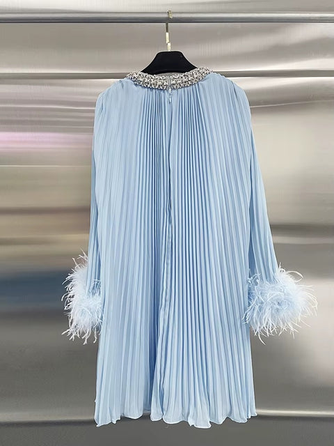 New Solid Spliced Diamonds O Neck Hollow Out Long Sleeve Patchwork Feather Luxury Chic Mini Dress CODE: KAR3685