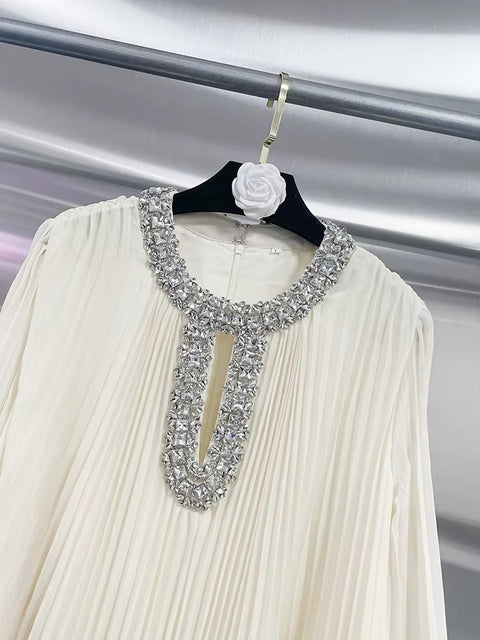 New Solid Spliced Diamonds O Neck Hollow Out Long Sleeve Patchwork Feather Luxury Chic Mini Dress CODE: KAR3685