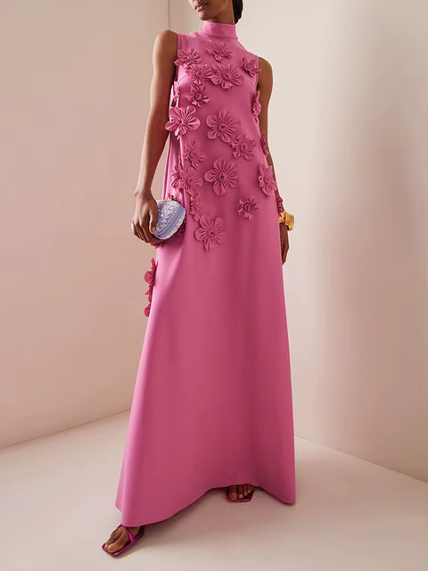 New Patchwork Lace Up Stand Collar Sleeveless High Waist Spliced Appliques Slim A Line Dress CODE: KAR3688