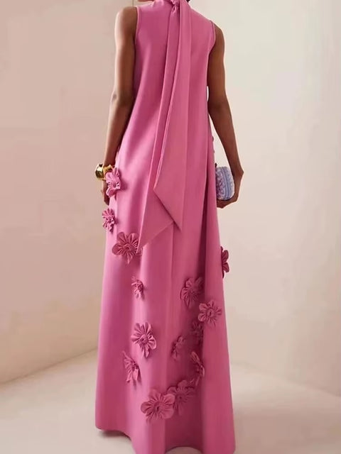 New Patchwork Lace Up Stand Collar Sleeveless High Waist Spliced Appliques Slim A Line Dress CODE: KAR3688