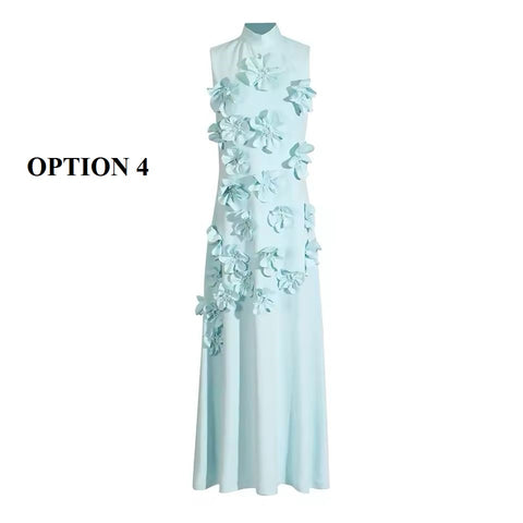 New Patchwork Lace Up Stand Collar Sleeveless High Waist Spliced Appliques Slim A Line Dress CODE: KAR3688