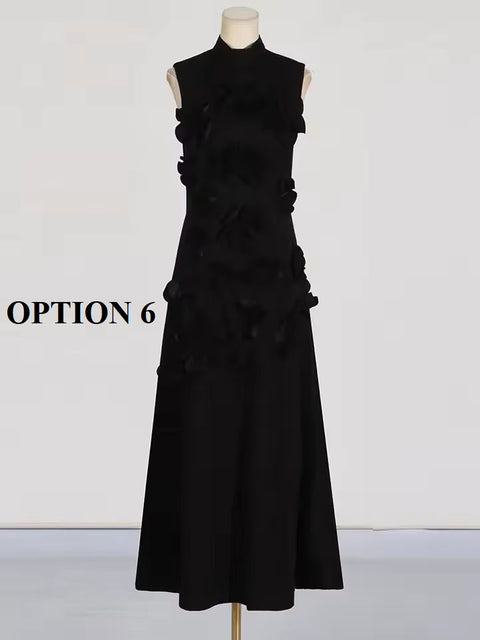 New Patchwork Lace Up Stand Collar Sleeveless High Waist Spliced Appliques Slim A Line Dress CODE: KAR3688