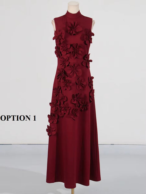 New Patchwork Lace Up Stand Collar Sleeveless High Waist Spliced Appliques Slim A Line Dress CODE: KAR3688