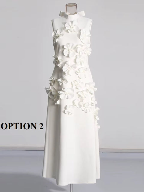 New Patchwork Lace Up Stand Collar Sleeveless High Waist Spliced Appliques Slim A Line Dress CODE: KAR3688