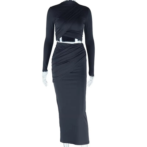 New Pleated Outfits Round Neck Irregular Tank Tops and Long Casual Skirt 2 Piece Set CODE: KAR3695