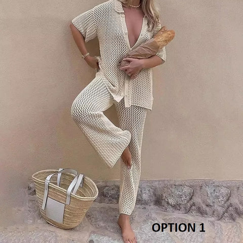 Sexy Hollow Out cardigan Top Straight Mesh High-Waist Bottoms Pants Set CODE: KAR3707