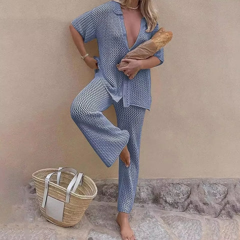 Sexy Hollow Out cardigan Top Straight Mesh High-Waist Bottoms Pants Set CODE: KAR3707