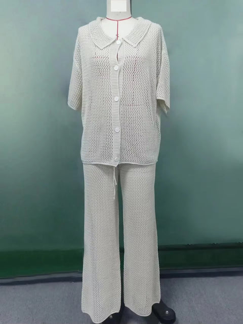 Sexy Hollow Out cardigan Top Straight Mesh High-Waist Bottoms Pants Set CODE: KAR3707