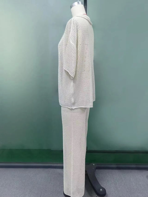 Sexy Hollow Out cardigan Top Straight Mesh High-Waist Bottoms Pants Set CODE: KAR3707