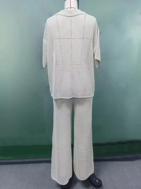 Sexy Hollow Out cardigan Top Straight Mesh High-Waist Bottoms Pants Set CODE: KAR3707