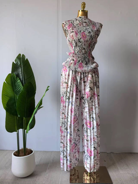 New  Sexy Print Short Sleeve Pleated T-Shirt + Wide Leg Pants Two 2Piece Set CODE: KAR3710