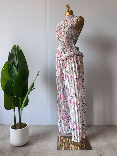 New  Sexy Print Short Sleeve Pleated T-Shirt + Wide Leg Pants Two 2Piece Set CODE: KAR3710