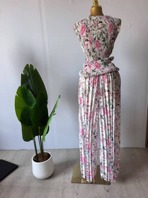 New  Sexy Print Short Sleeve Pleated T-Shirt + Wide Leg Pants Two 2Piece Set CODE: KAR3710