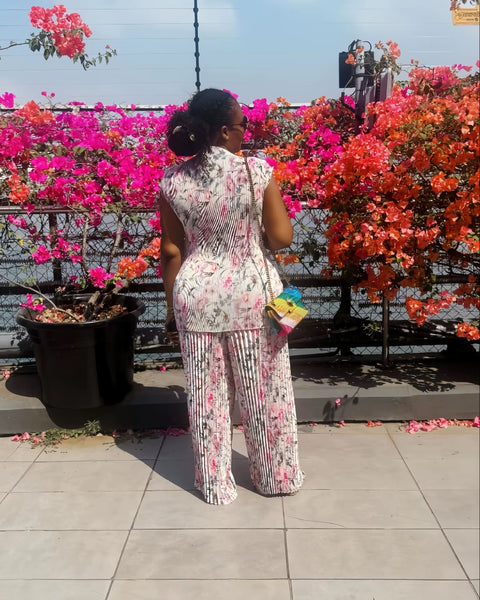 New  Sexy Print Short Sleeve Pleated T-Shirt + Wide Leg Pants Two 2Piece Set CODE: KAR3710