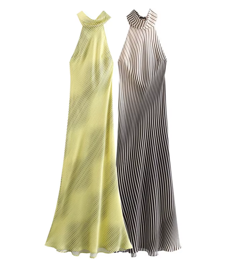 New Fashion Sexy Halter Satin Texture Contrast Striped Casual Dress CODE: KAR3714