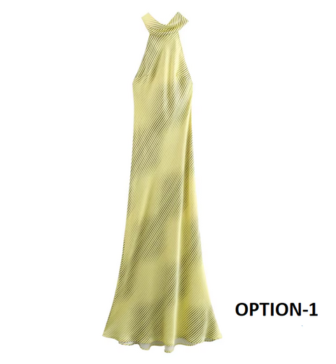 New Fashion Sexy Halter Satin Texture Contrast Striped Casual Dress CODE: KAR3714