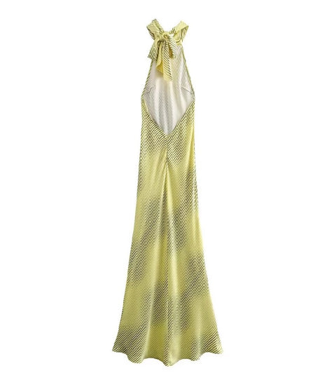 New Fashion Sexy Halter Satin Texture Contrast Striped Casual Dress CODE: KAR3714