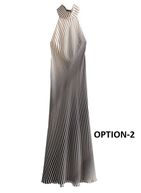 New Fashion Sexy Halter Satin Texture Contrast Striped Casual Dress CODE: KAR3714